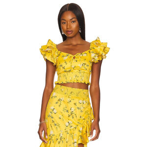 NWT REVOLVE Alice + Olivia Shanae Floral Ruffle Crop Top Womens Yellow Large